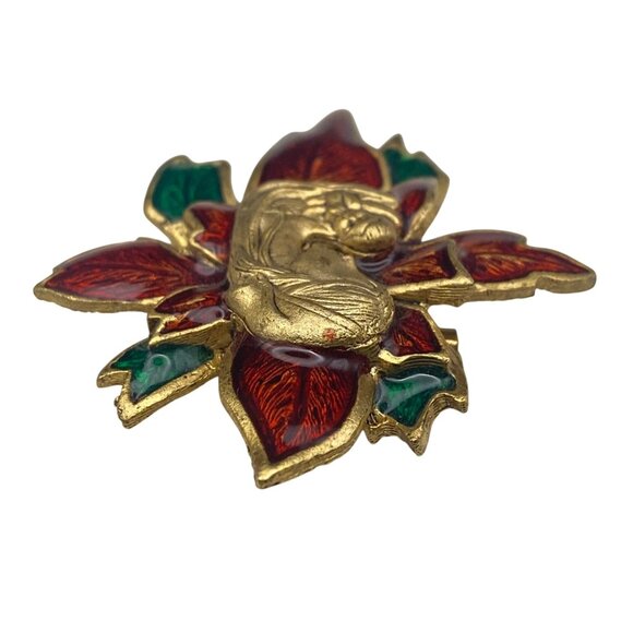 Christmas Virgin Mary Baby Jesus Brooch Pin Enamel Poinsettia 2" Religious - Picture 2 of 7